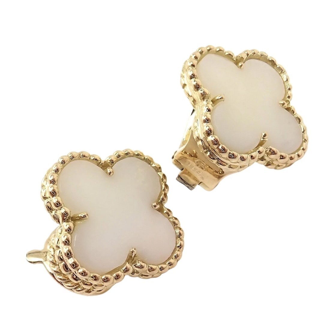 Rare! Van Cleef & Arpels Vintage Alhambra 18k Yellow Gold White Coral Earrings - 17