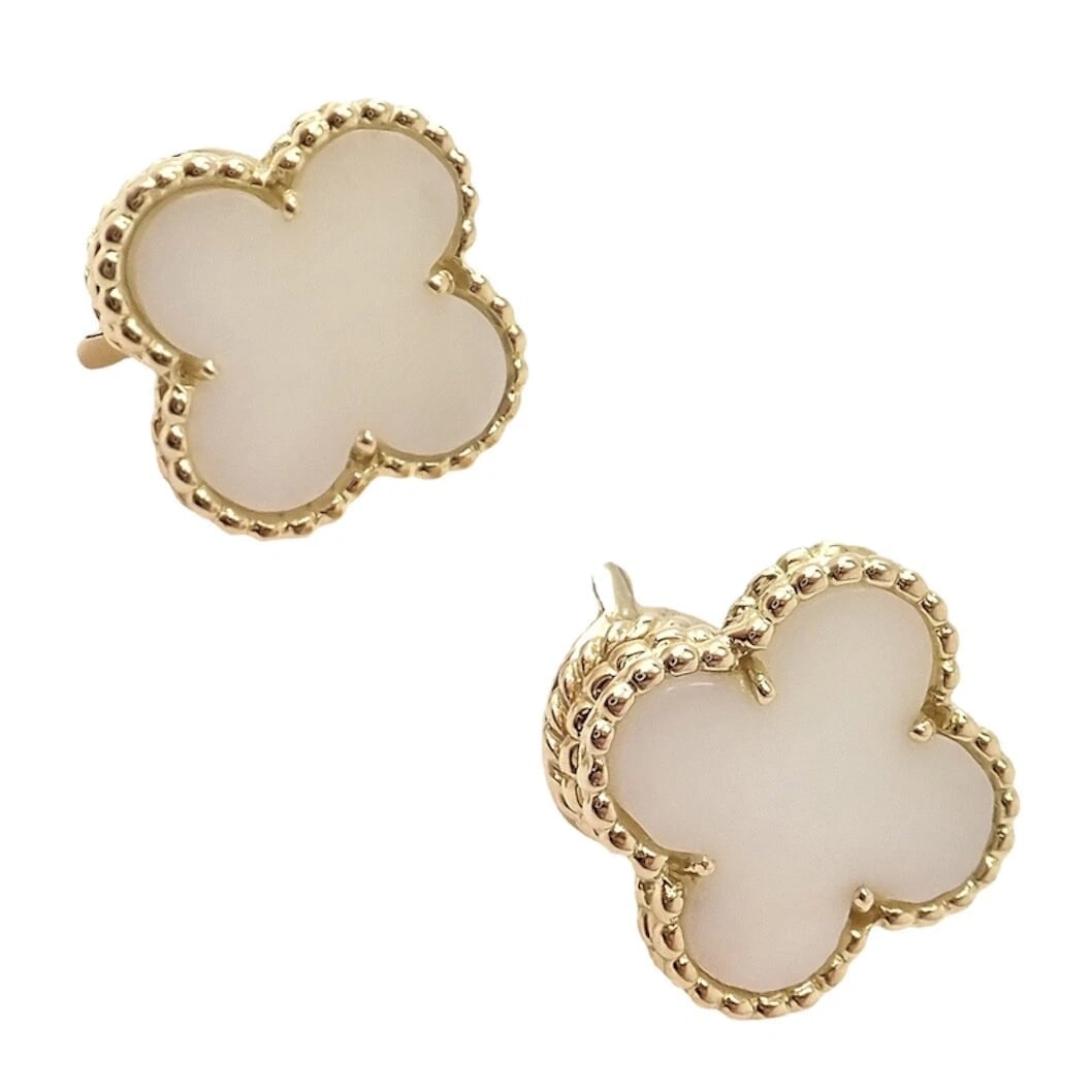 Rare! Van Cleef & Arpels Vintage Alhambra 18k Yellow Gold White Coral Earrings - 6