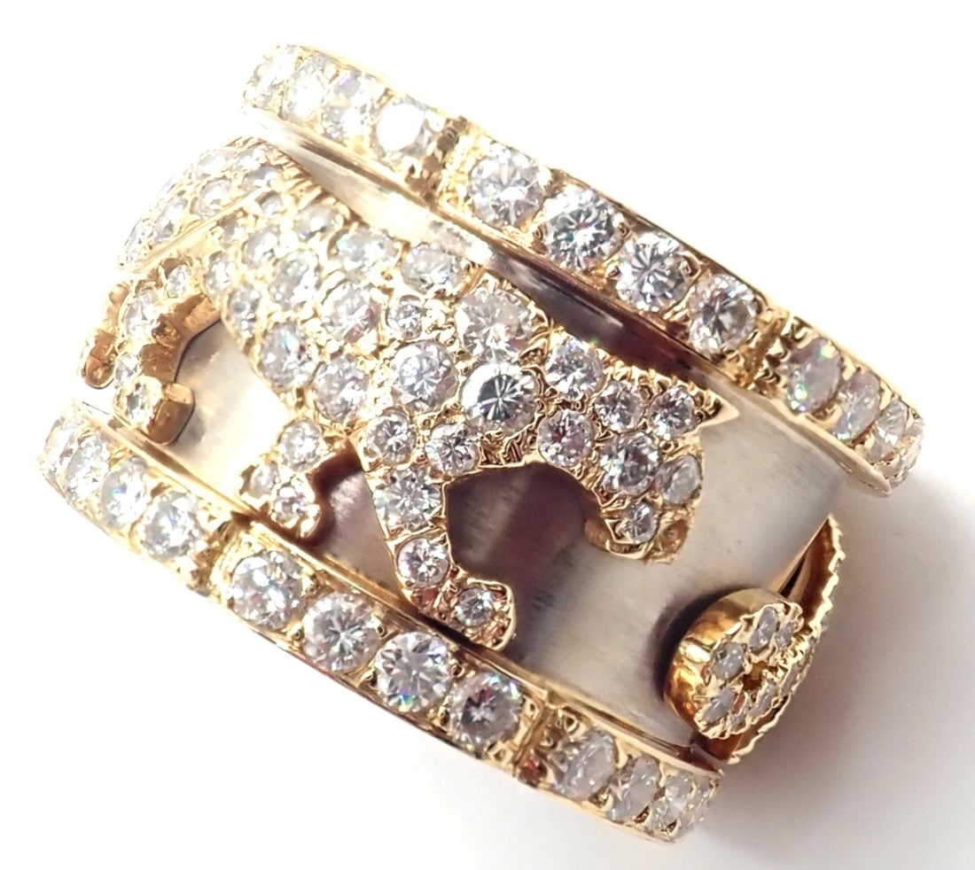 Cartier Mahango Walking Panthere 18k Yellow White Gold Diamond Band Ring - 9