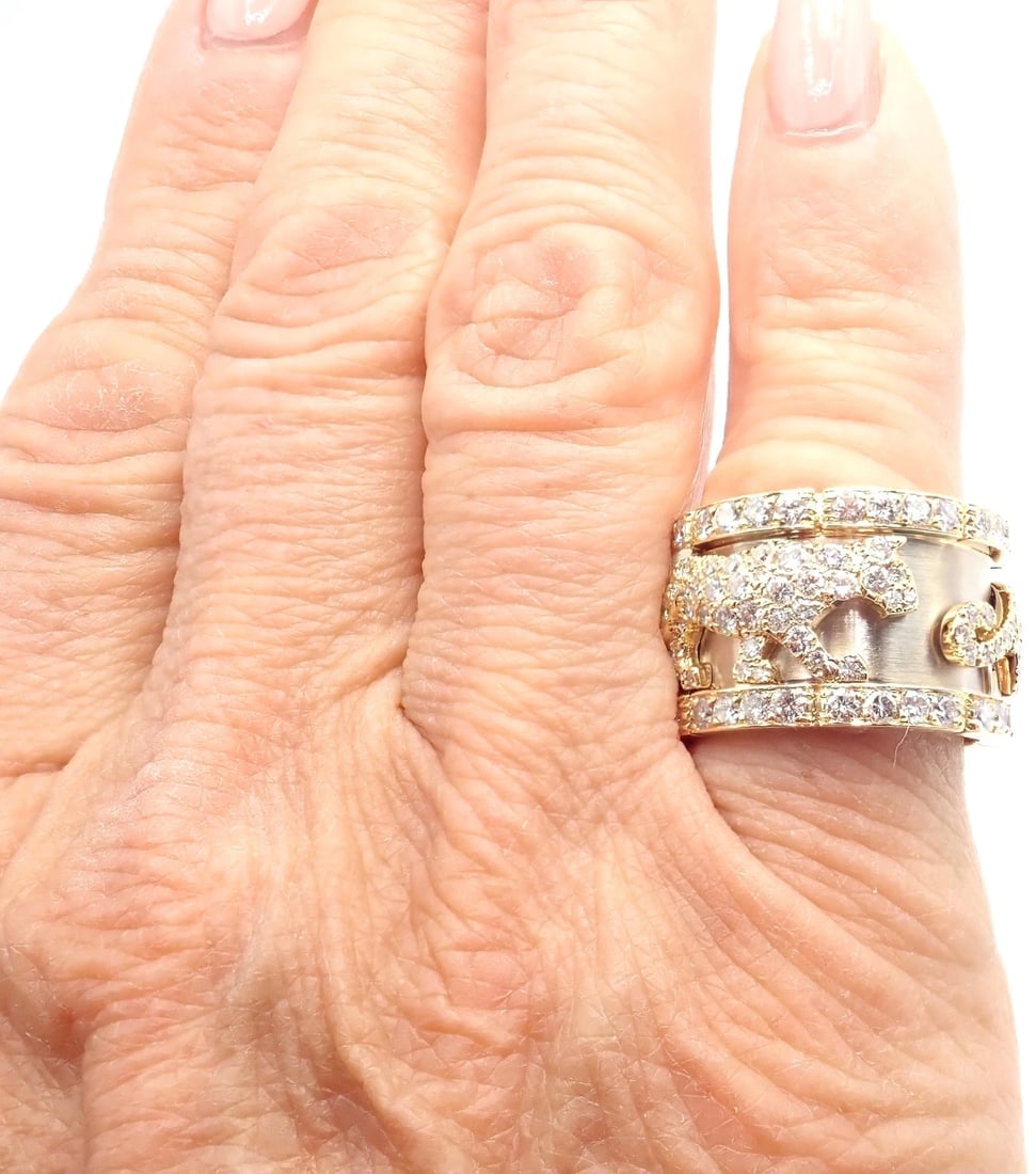 Cartier Mahango Walking Panthere 18k Yellow White Gold Diamond Band Ring - 7