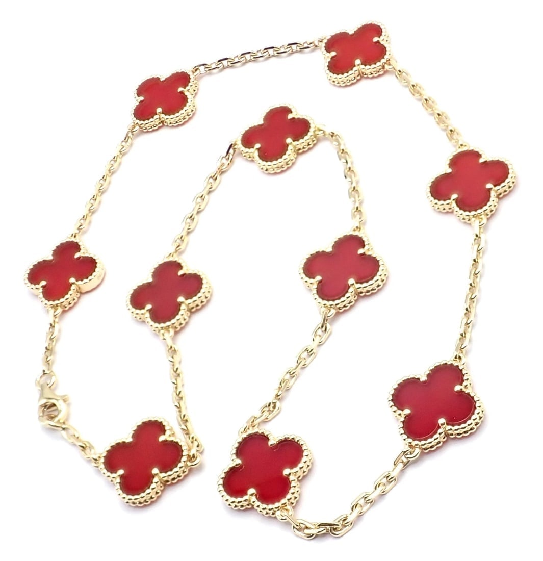 Authentic Van Cleef & Arpels 18k Gold 10 Motif Alhambra Carnelian Necklace Paper - 9