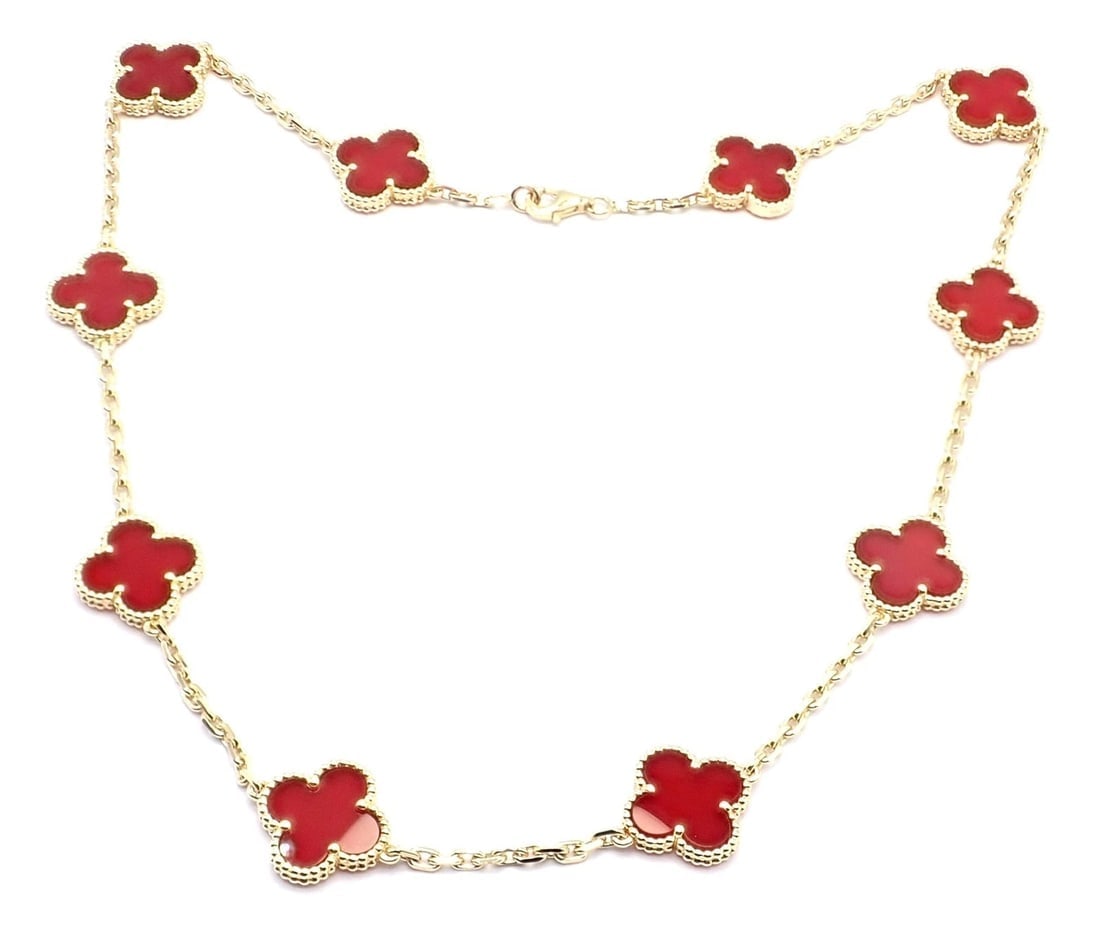 Authentic Van Cleef & Arpels 18k Gold 10 Motif Alhambra Carnelian Necklace Paper - 10