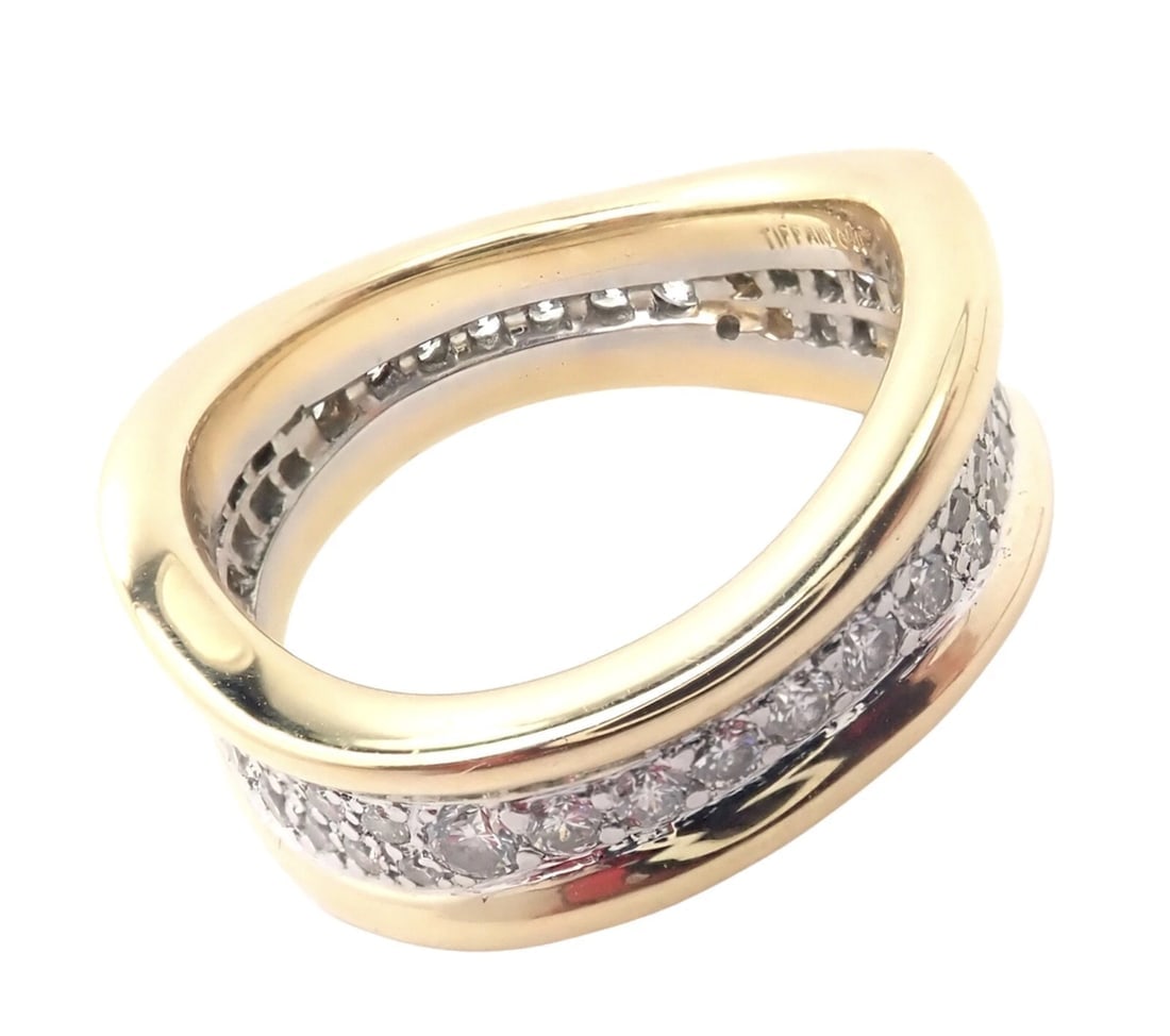Authentic! Tiffany & Co 18k Yellow Gold Platinum Diamond Wave Band Ring - 3