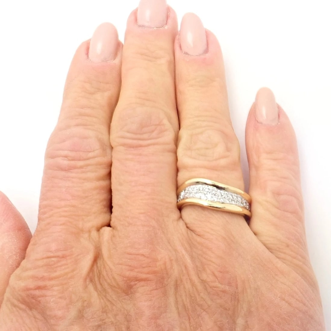 Authentic! Tiffany & Co 18k Yellow Gold Platinum Diamond Wave Band Ring - 4