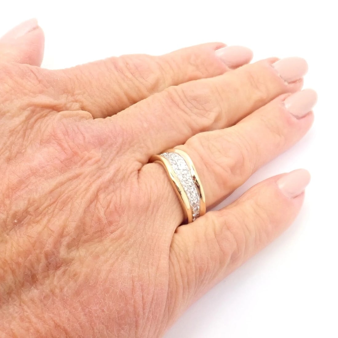 Authentic! Tiffany & Co 18k Yellow Gold Platinum Diamond Wave Band Ring - 5