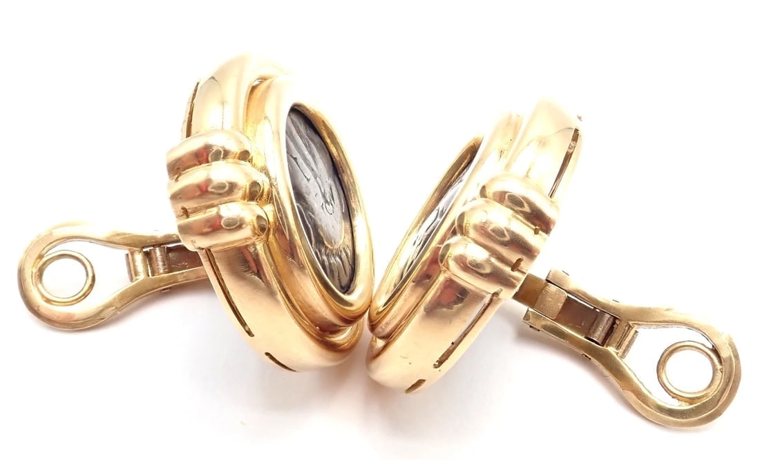 Vintage Bulgari Bvlgari 18k Yellow Gold Alexander The Great Coin Moneta Earrings - 5