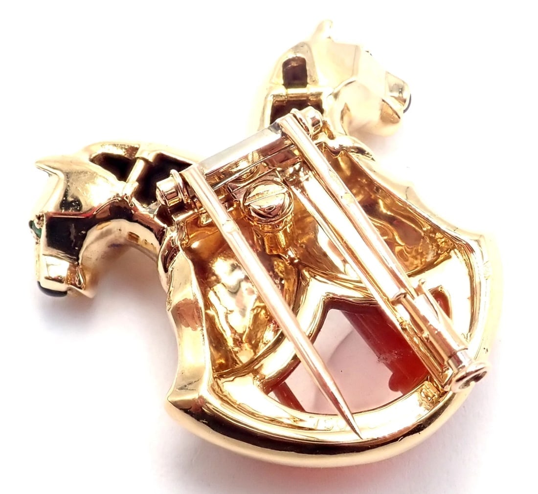Rare! Authentic Cartier Double Panther 18k Yellow Gold Jasper Onyx Pin Brooch - 9