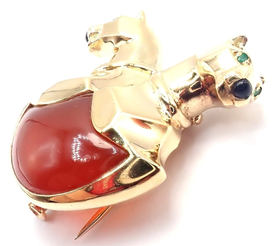 Rare! Authentic Cartier Double Panther 18k Yellow Gold Jasper Onyx Pin Brooch - 10
