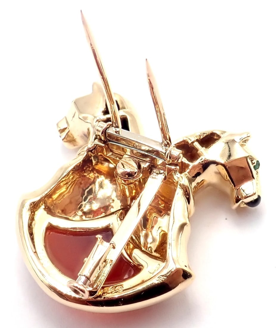 Rare! Authentic Cartier Double Panther 18k Yellow Gold Jasper Onyx Pin Brooch - 4