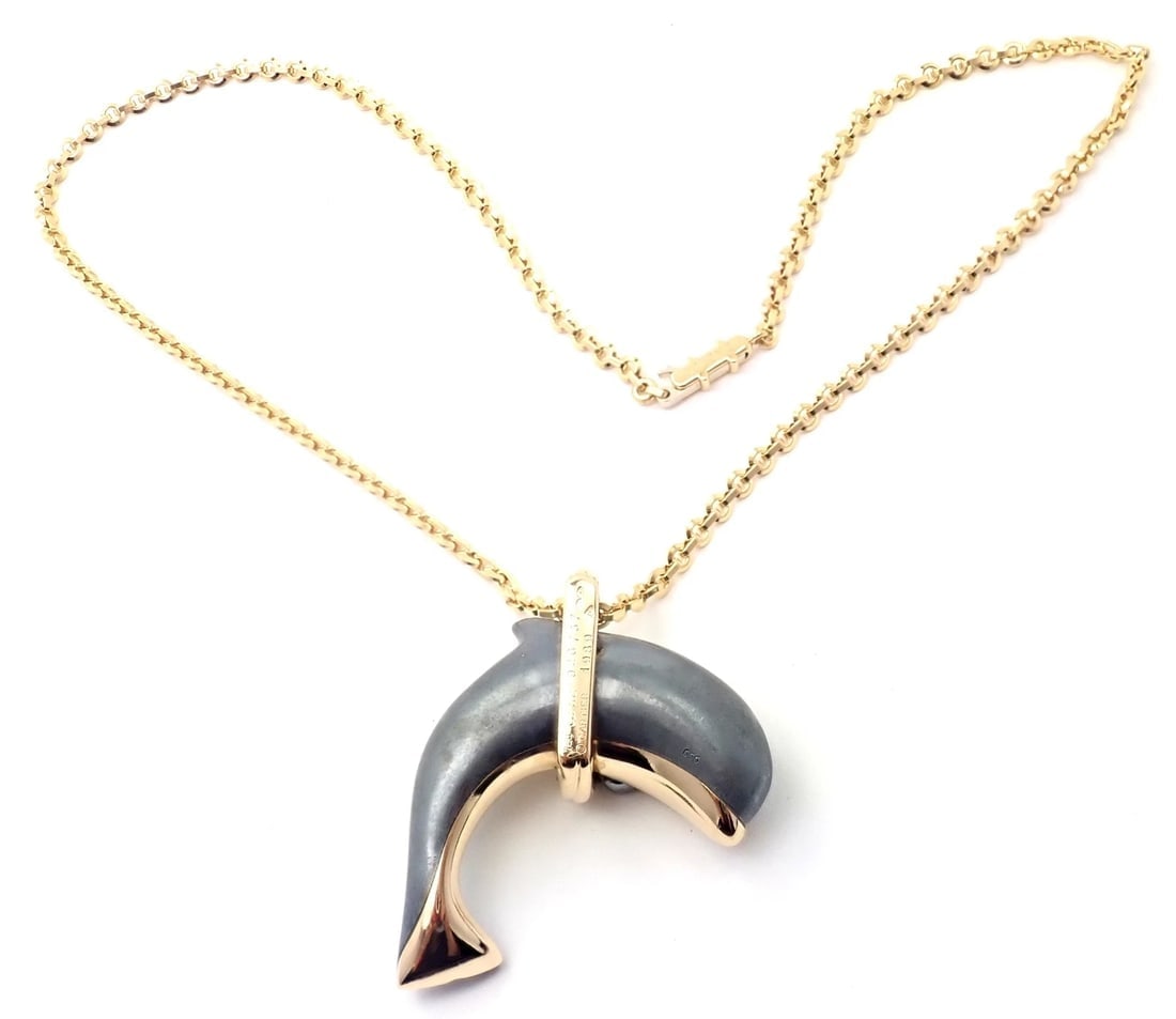Rare! Authentic Cartier 18k Yellow Gold Hematite Dolphin Pendant Link Necklace - 9