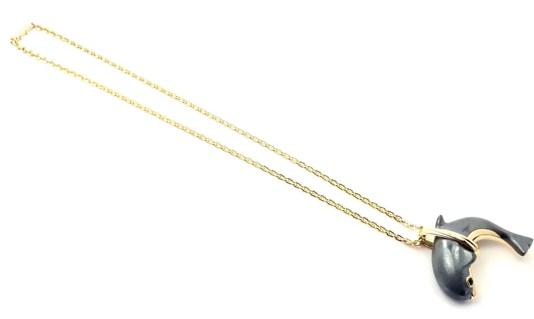 Rare! Authentic Cartier 18k Yellow Gold Hematite Dolphin Pendant Link Necklace - 11