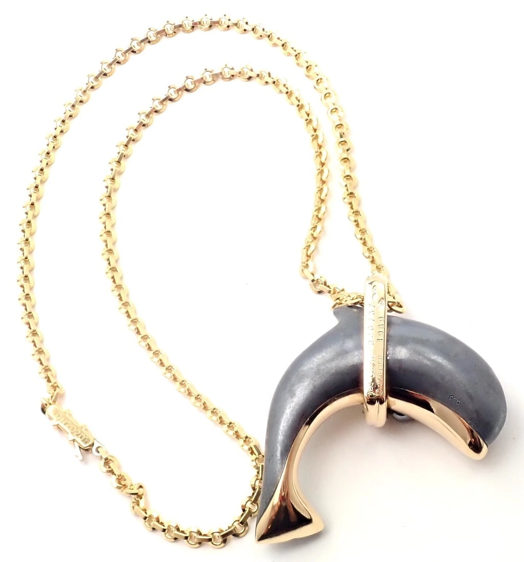 Rare! Authentic Cartier 18k Yellow Gold Hematite Dolphin Pendant Link Necklace - 12