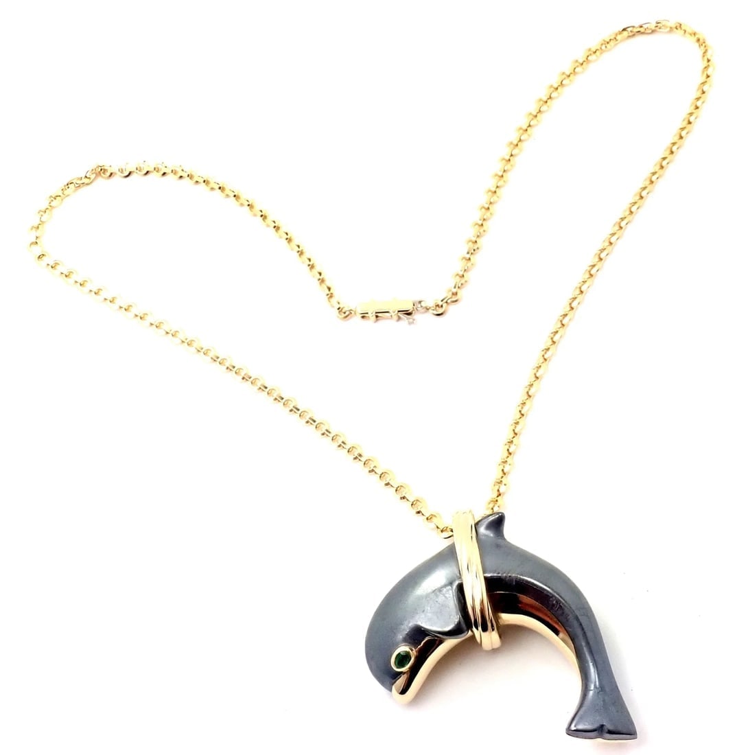Rare! Authentic Cartier 18k Yellow Gold Hematite Dolphin Pendant Link Necklace - 3
