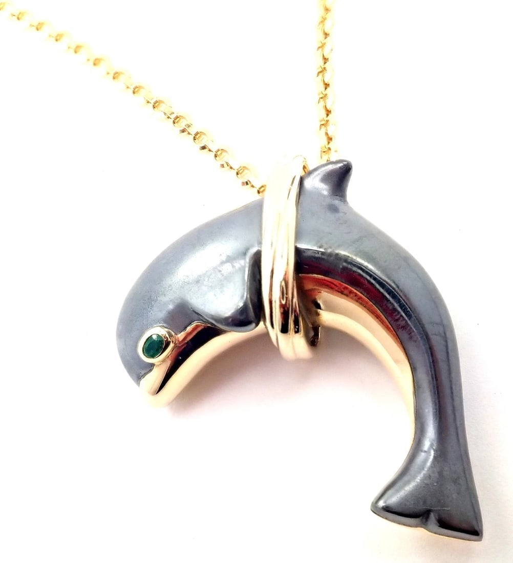 Rare! Authentic Cartier 18k Yellow Gold Hematite Dolphin Pendant Link Necklace - 4