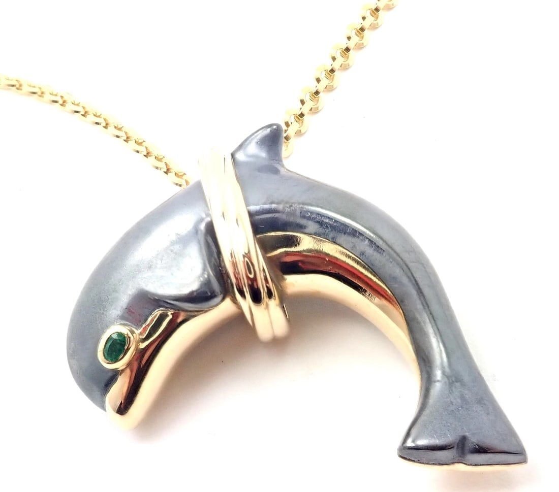 Rare! Authentic Cartier 18k Yellow Gold Hematite Dolphin Pendant Link Necklace - 5