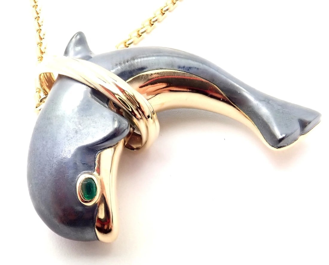 Rare! Authentic Cartier 18k Yellow Gold Hematite Dolphin Pendant Link Necklace - 6