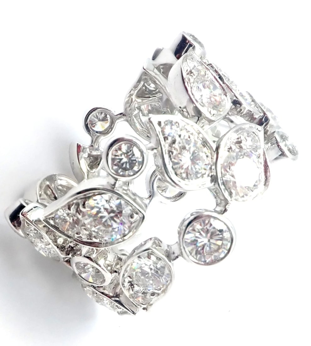 Authentic! Cartier 18k White Gold Diamond Leaf Wide Band Ring Size 53 - 8