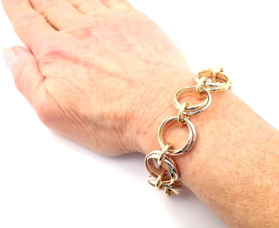 Authentic! Cartier Trinity 18k Multi Color Gold Round Wide Link Bracelet - 11