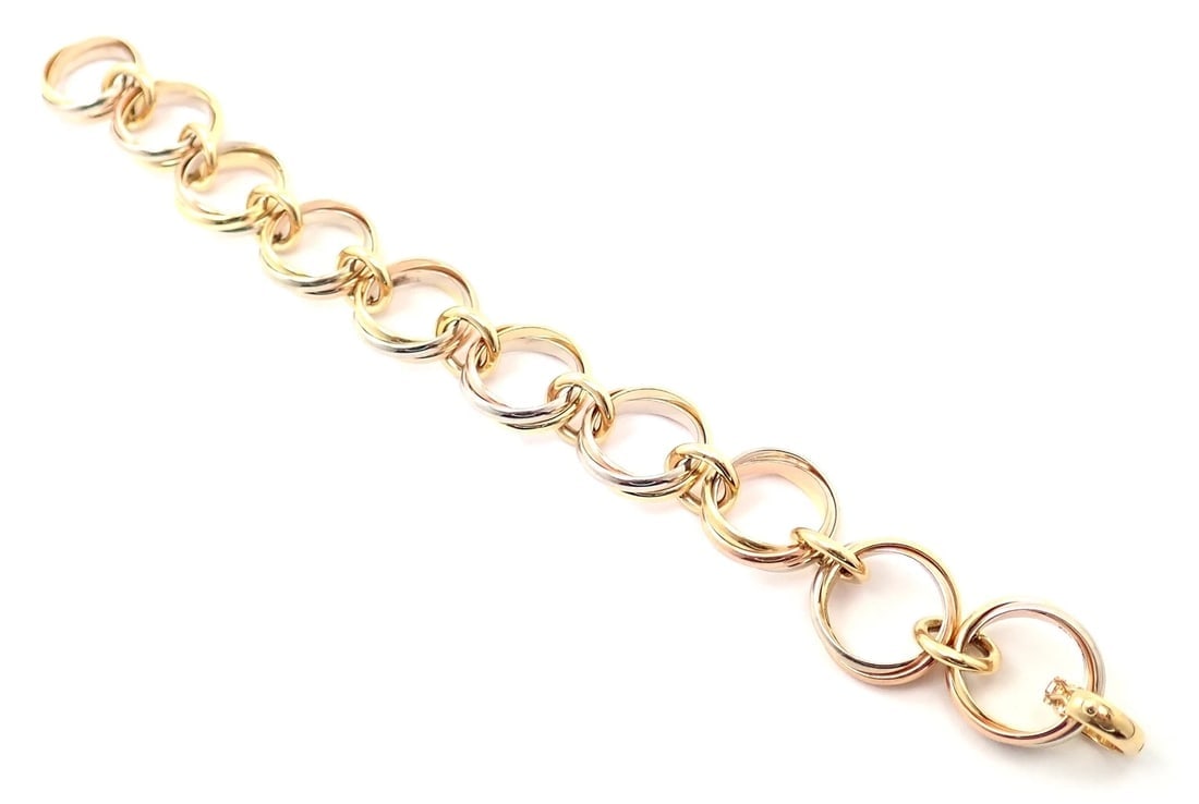 Authentic! Cartier Trinity 18k Multi Color Gold Round Wide Link Bracelet - 12