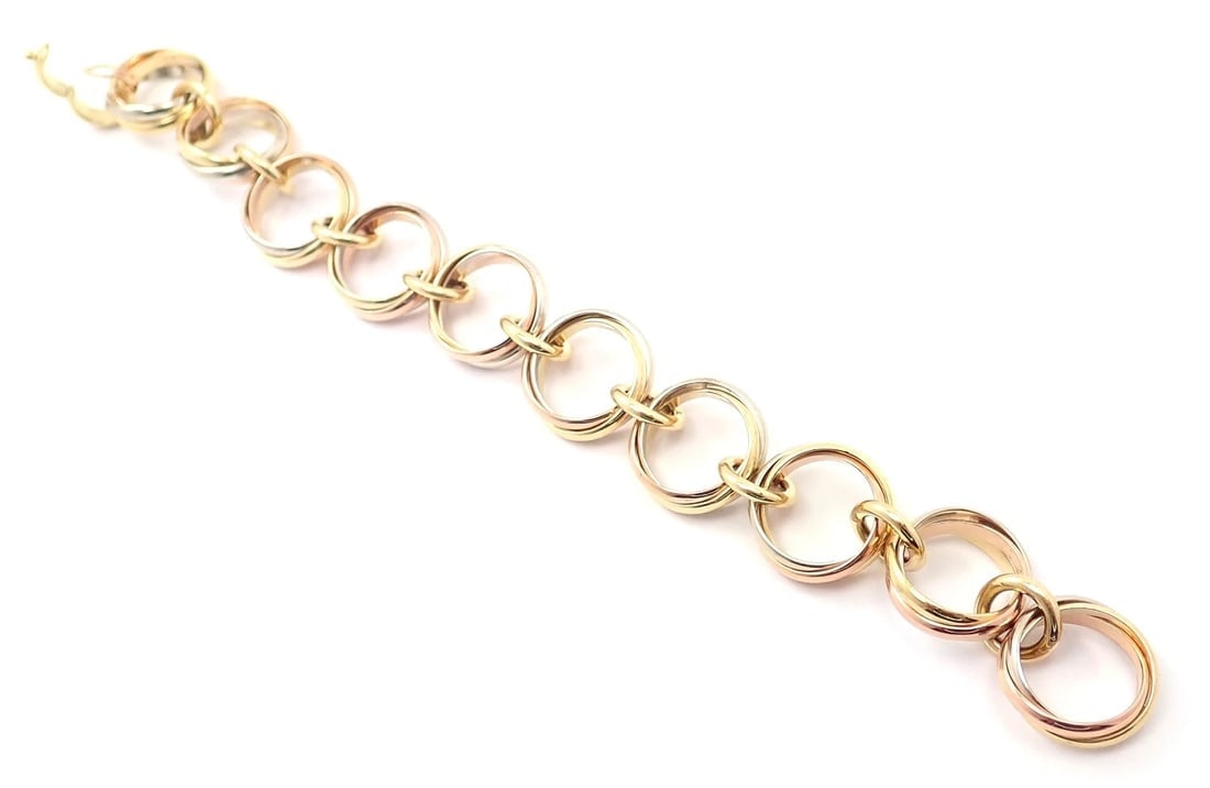 Authentic! Cartier Trinity 18k Multi Color Gold Round Wide Link Bracelet - 13