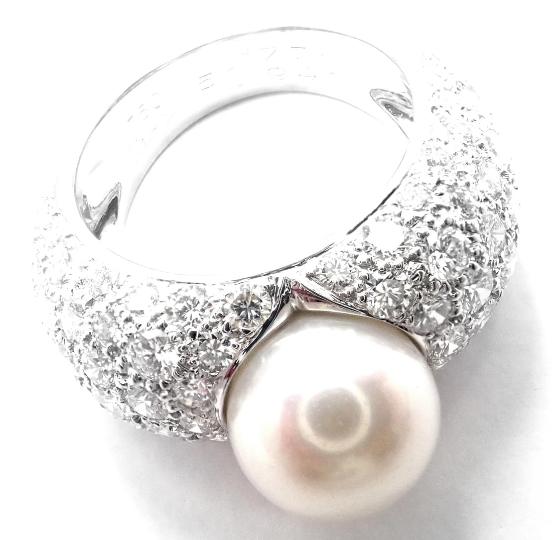 Authentic! Cartier Juliette 18k White Gold Cultured Pearl Diamond Band Ring - 9