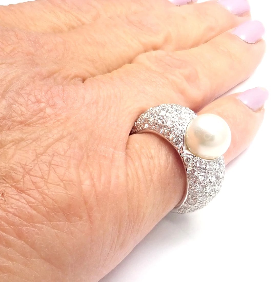 Authentic! Cartier Juliette 18k White Gold Cultured Pearl Diamond Band Ring - 11
