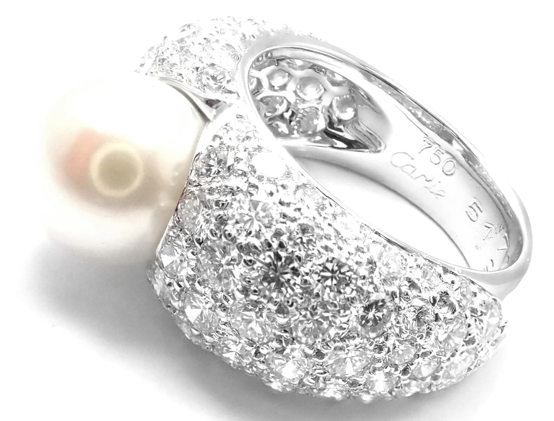 Authentic! Cartier Juliette 18k White Gold Cultured Pearl Diamond Band Ring - 6