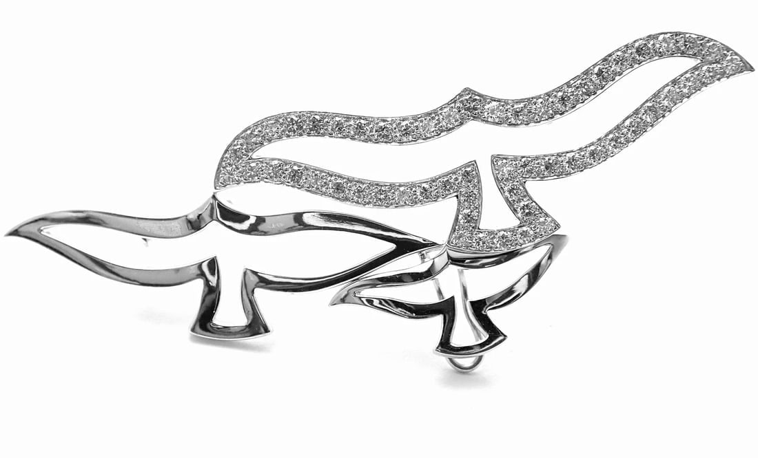 Rare! Authentic Cartier Bird 18k White Gold Diamond Pendant Pin Brooch: Rare! Authentic Cartier Bird 18k White Gold Diamond Pendant Pin Brooch About This Piece: Metal: 18k White Gold Measurements: 2 3/4" x 1" Weight: 13.1 grams Stones: 60 round brilliant cut diamonds