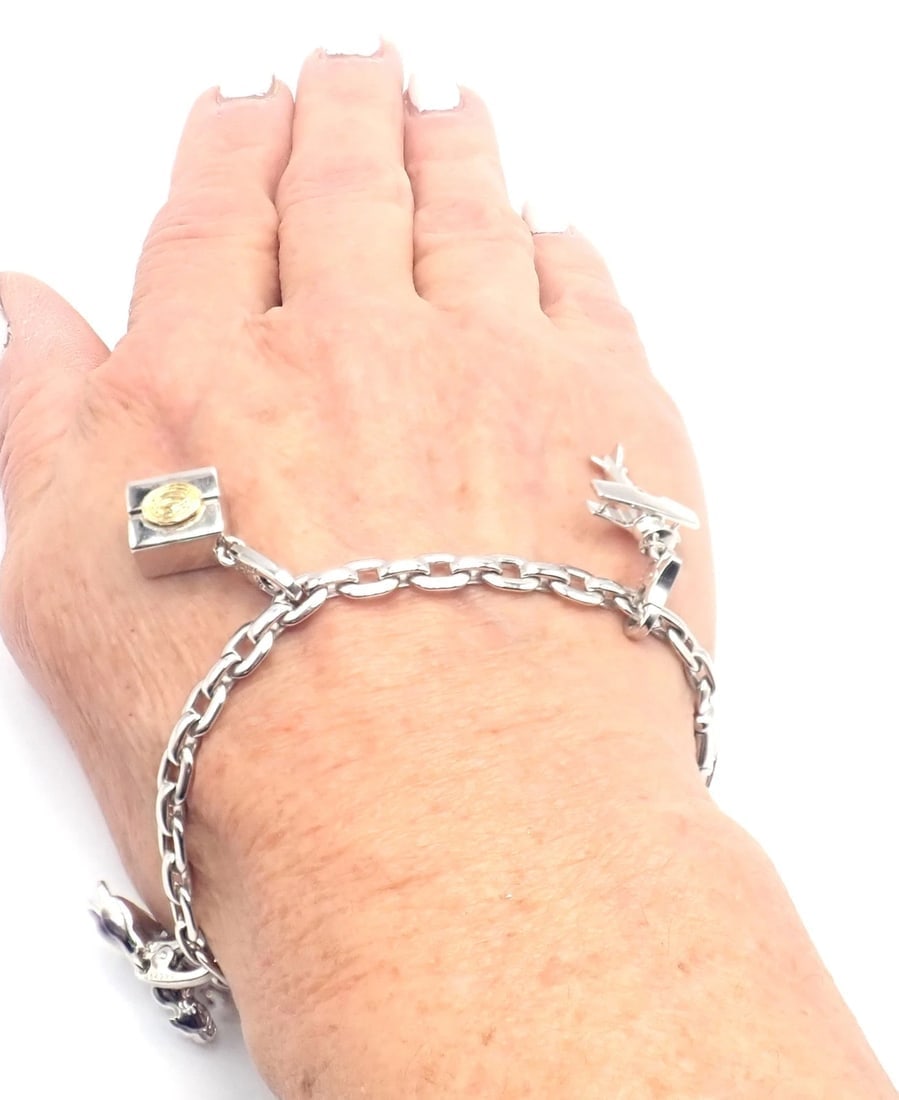 Authentic Cartier 18k White Gold 4 Charm Panther Airplane Love Box Link Bracelet - 15
