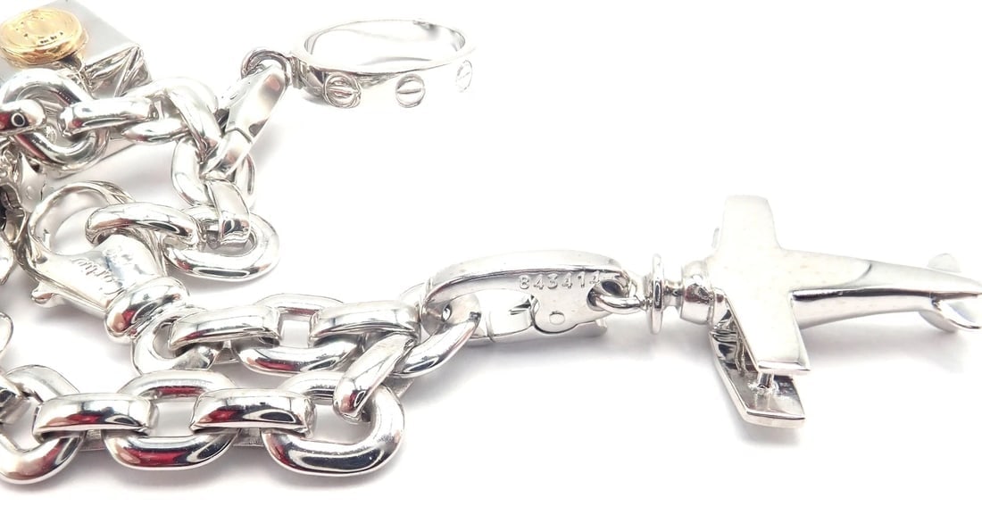 Authentic Cartier 18k White Gold 4 Charm Panther Airplane Love Box Link Bracelet - 4