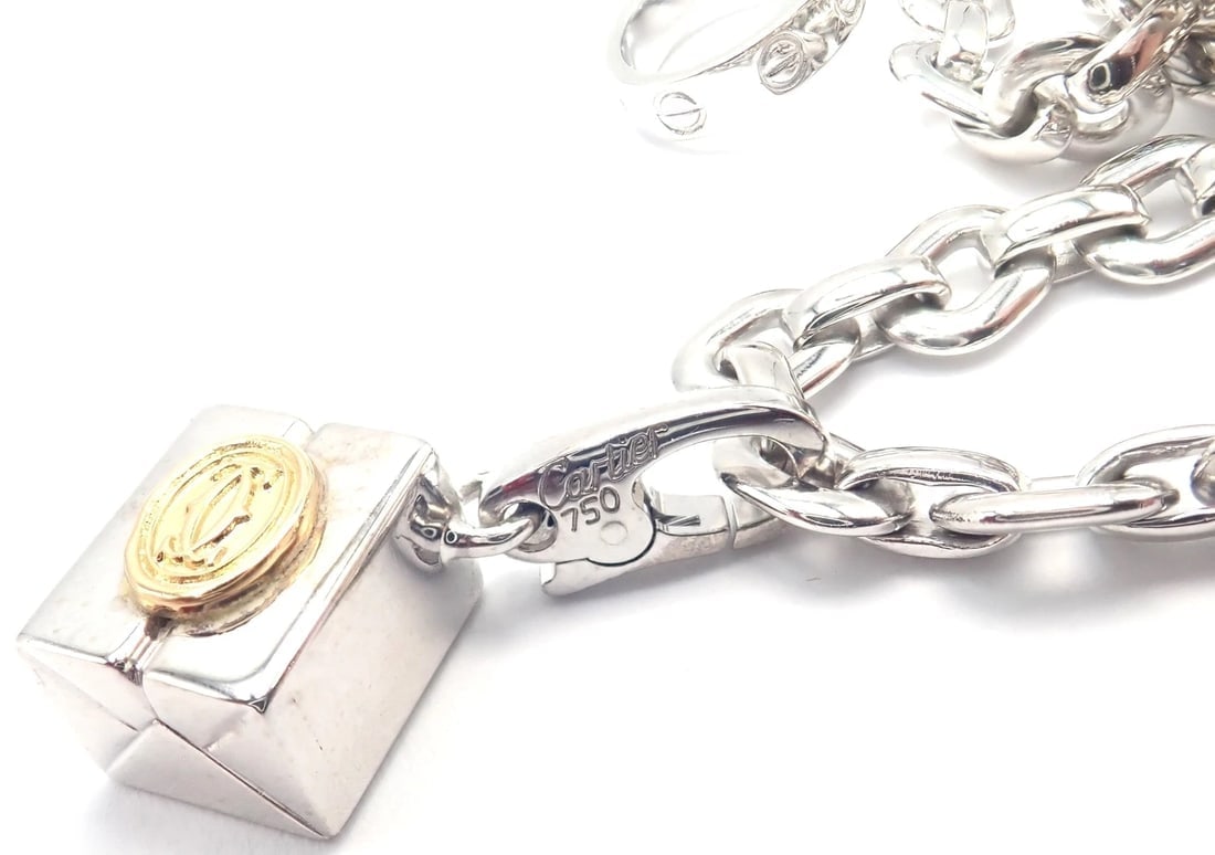 Authentic Cartier 18k White Gold 4 Charm Panther Airplane Love Box Link Bracelet - 8
