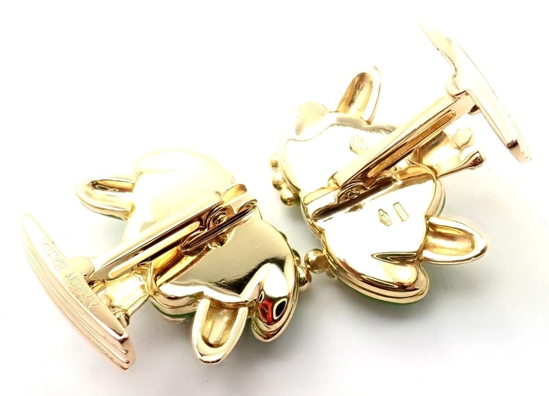 Authentic! Aaron Basha 18k Yellow Gold Diamond Enamel Frog Prince Cufflinks - 4