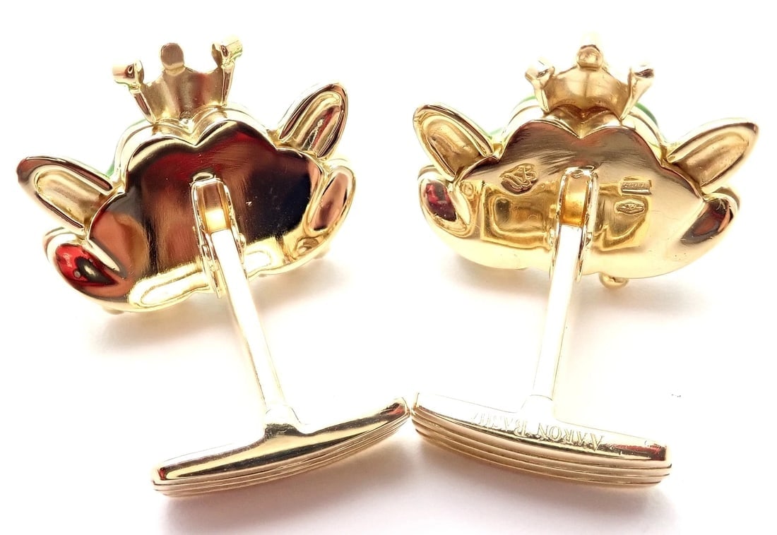 Authentic! Aaron Basha 18k Yellow Gold Diamond Enamel Frog Prince Cufflinks - 6