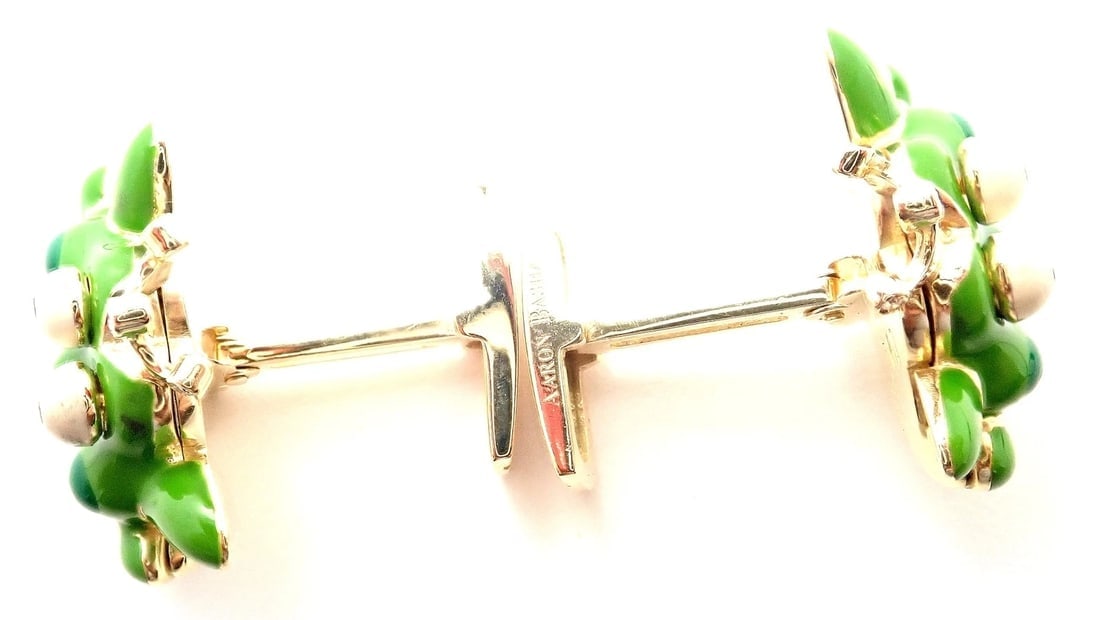 Authentic! Aaron Basha 18k Yellow Gold Diamond Enamel Frog Prince Cufflinks - 8