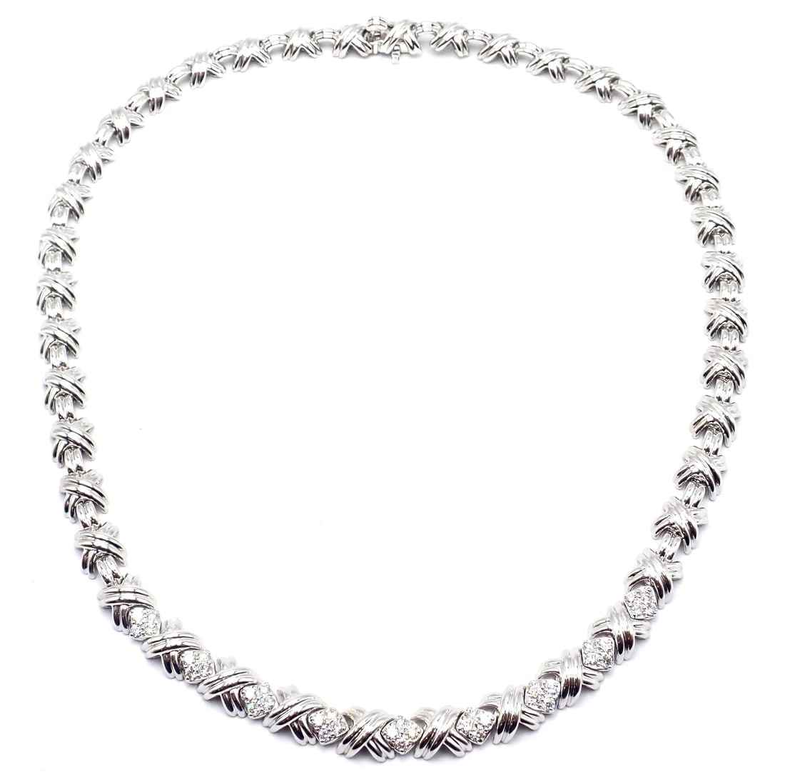 Authentic! Tiffany & Co 18k White Gold Diamond Cluster Signature X Link Necklace - 11