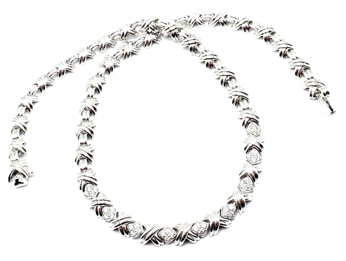 Authentic! Tiffany & Co 18k White Gold Diamond Cluster Signature X Link Necklace - 6