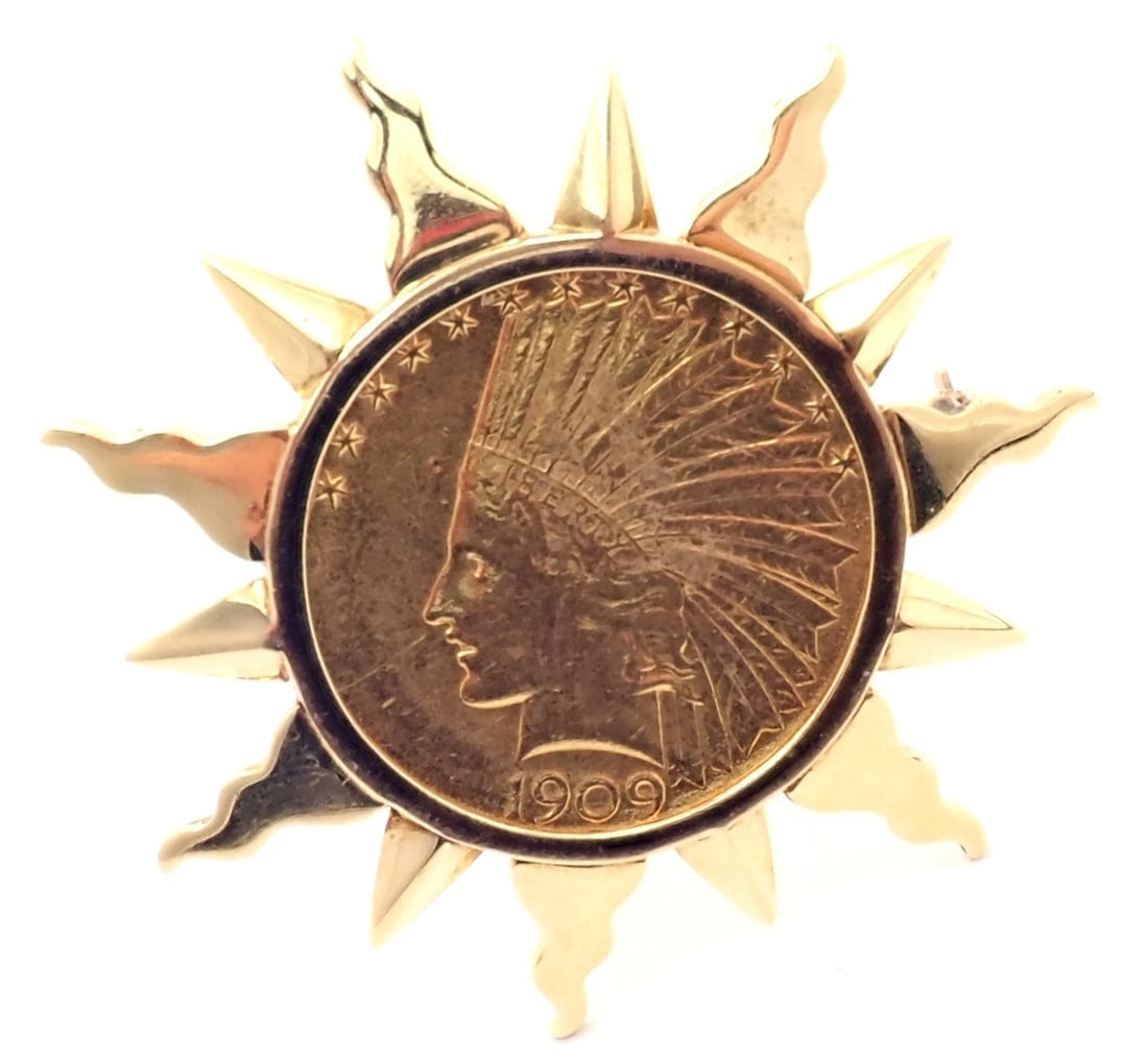 Authentic! Verdura 18k Yellow Gold 22k Yellow Gold $10 US Coin Pin Brooch: Authentic! Verdura 18k Yellow Gold 22k Yellow Gold $10 US Coin Pin Brooch About This Piece: Metal: 18k Yellow Gold Weight: 26.1 grams Measurements: 2" Coin: United States Of America Ten Dollars 1909