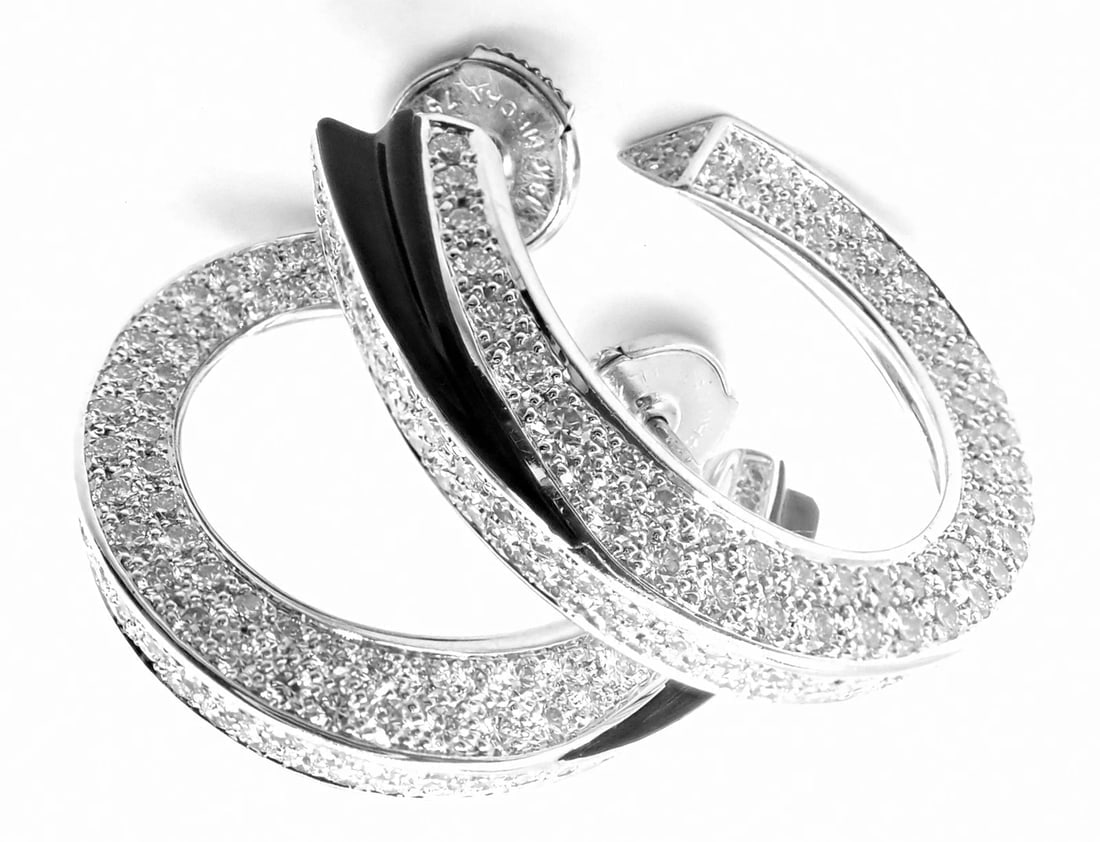 Authentic! Cartier Panthere 18k White Gold Diamond Onyx Hoop Earrings - 4