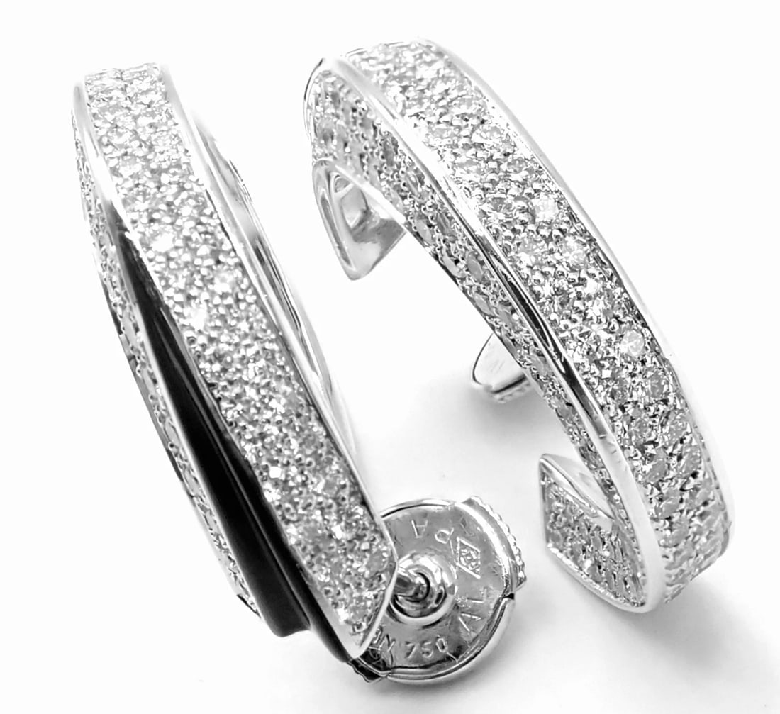 Authentic! Cartier Panthere 18k White Gold Diamond Onyx Hoop Earrings - 6