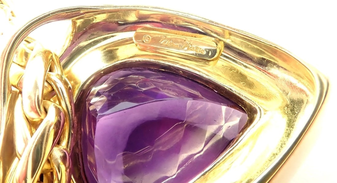 Authentic! Tiffany & Co Paloma Picasso 18k Gold Large Amethyst Pendant Necklace - 8