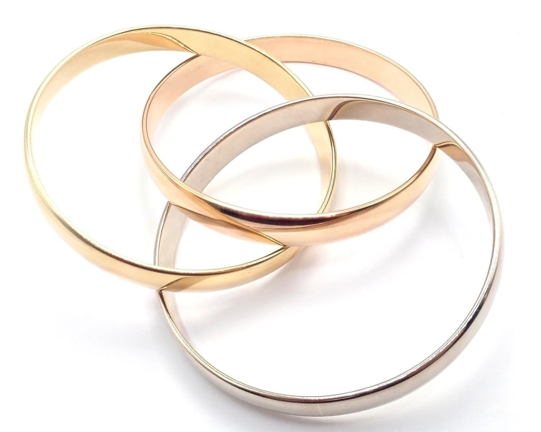Authentic! Cartier 18k Tricolor Gold 101.5 Grams Rolling Trinity Bangle Bracelet - 9