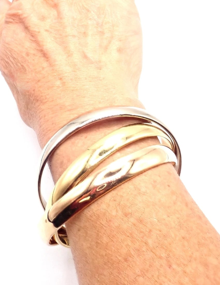 Authentic! Cartier 18k Tricolor Gold 101.5 Grams Rolling Trinity Bangle Bracelet - 10