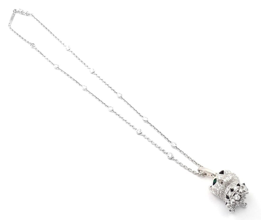 Authentic! Cartier Panther 18k White Gold Diamond Emerald Onyx Pendant Necklace - 9