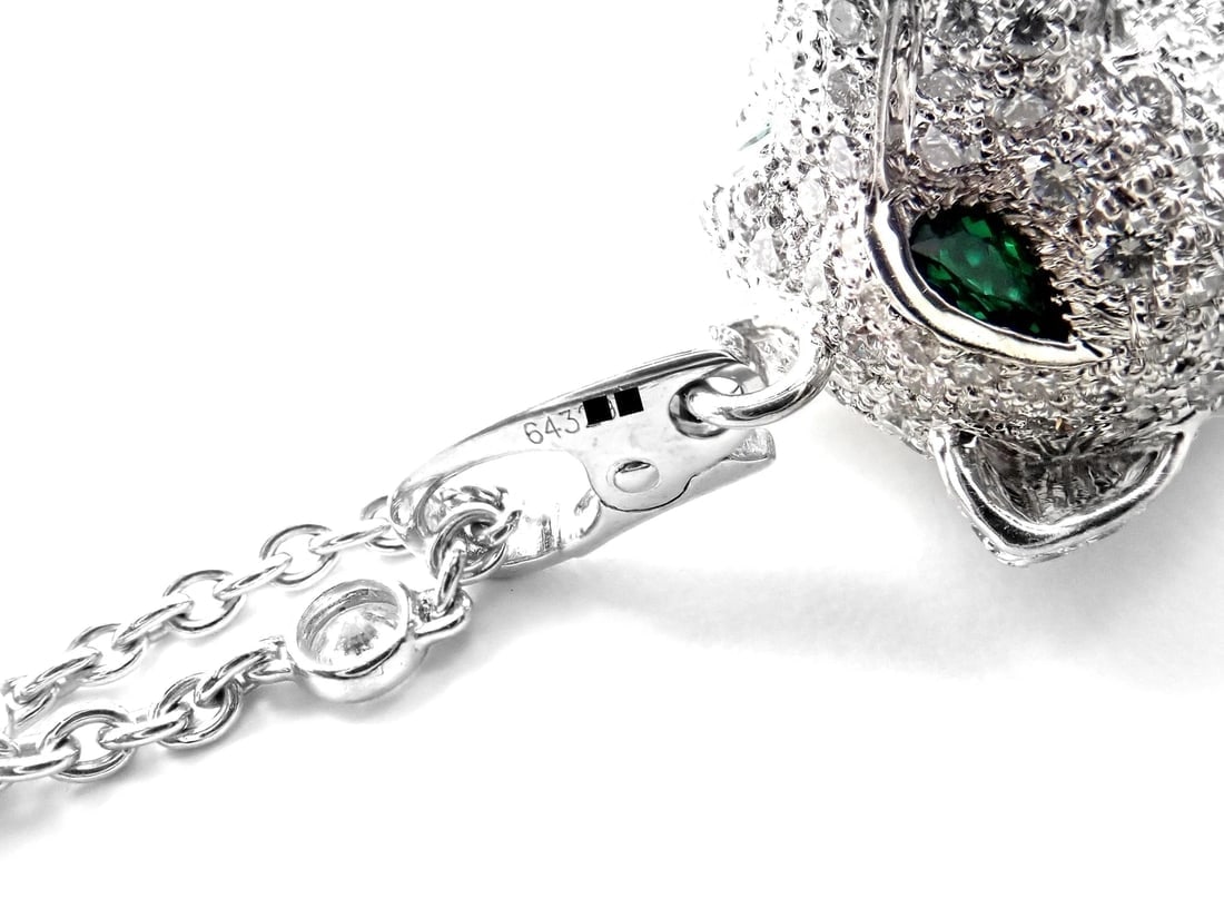 Authentic! Cartier Panther 18k White Gold Diamond Emerald Onyx Pendant Necklace - 10