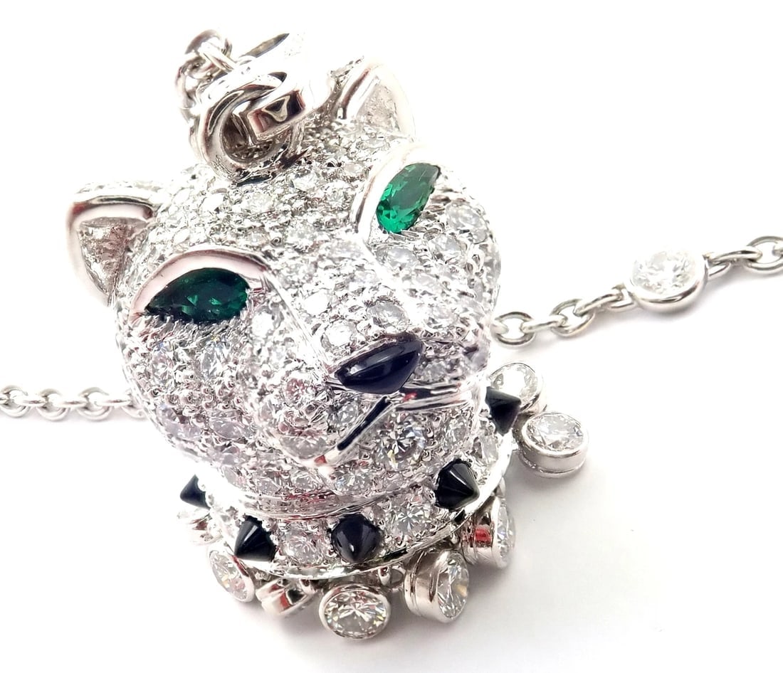 Authentic! Cartier Panther 18k White Gold Diamond Emerald Onyx Pendant Necklace - 13