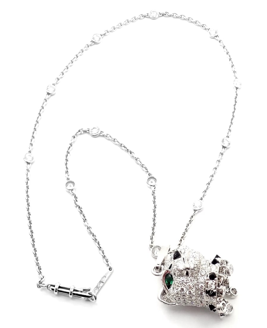 Authentic! Cartier Panther 18k White Gold Diamond Emerald Onyx Pendant Necklace - 5