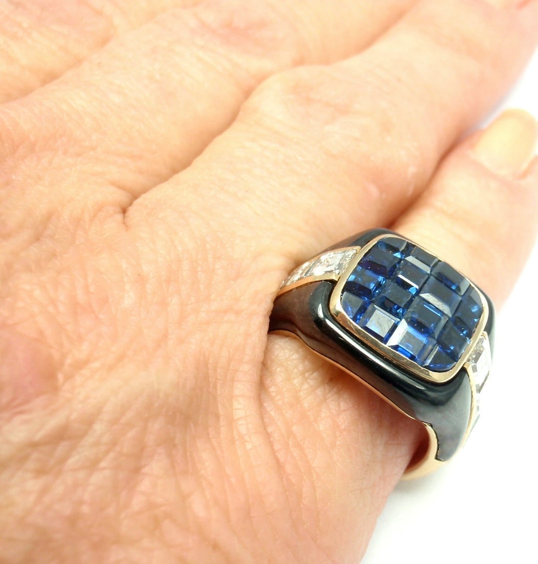 Authentic! Piaget 18k Yellow Gold Diamond Invisible Set Sapphire Enamel Ring - 10