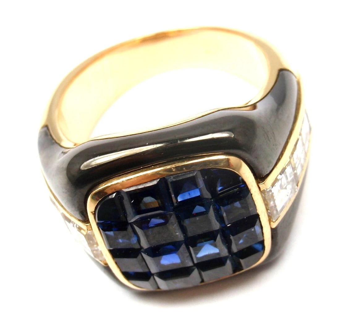 Authentic! Piaget 18k Yellow Gold Diamond Invisible Set Sapphire Enamel Ring - 5