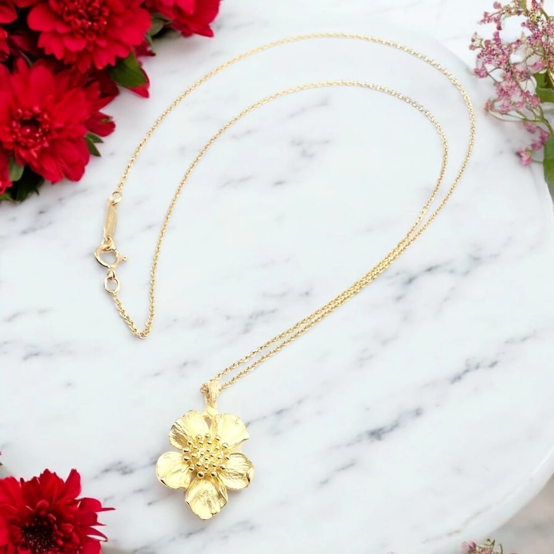 Authentic! Vintage Tiffany & Co 18K Yellow Gold Dogwood Flower Pendant Necklace - 3