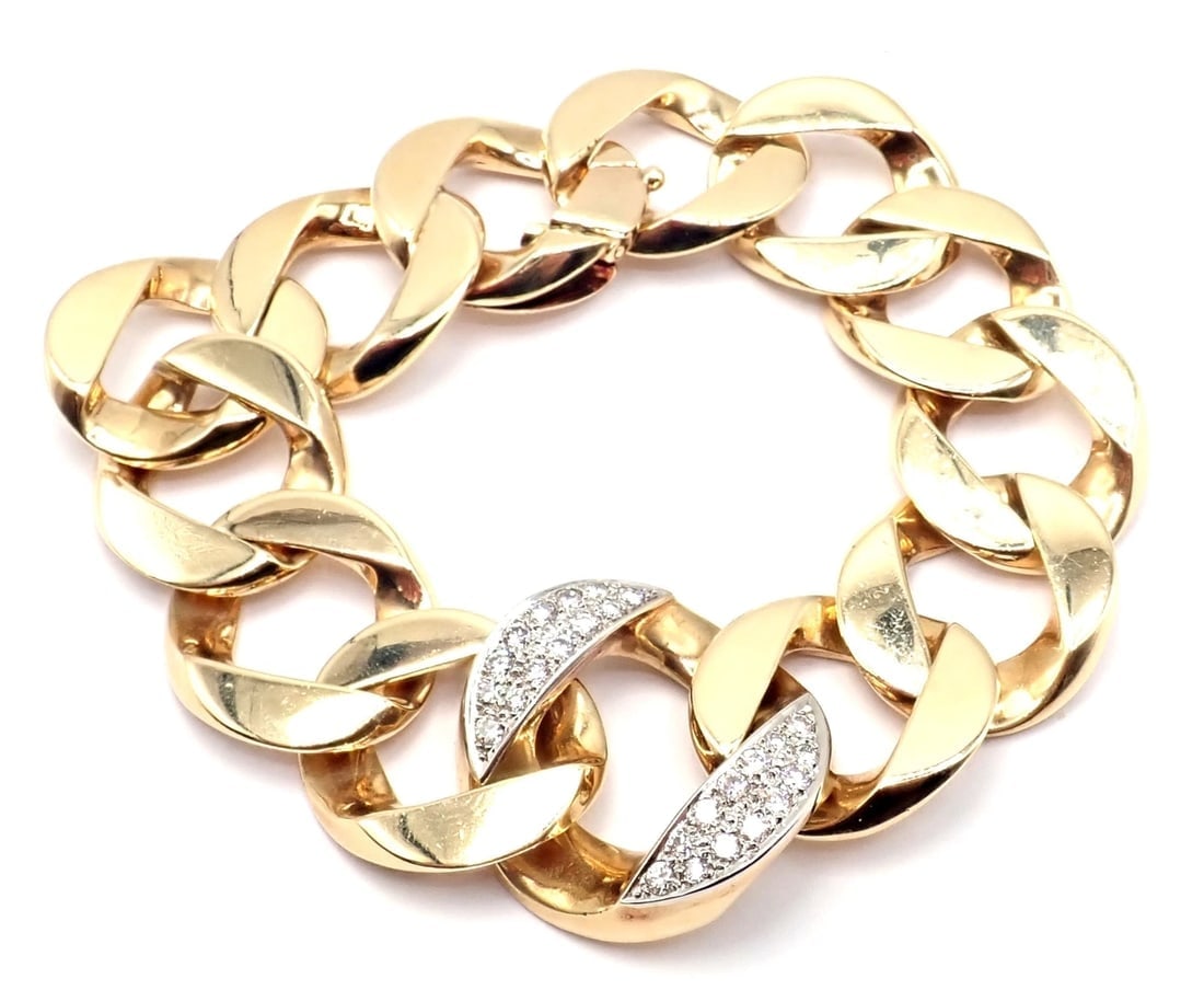 Rare Vintage Tiffany & Co 14k Yellow Gold Diamond Large Heavy Curb Link Bracelet - 15